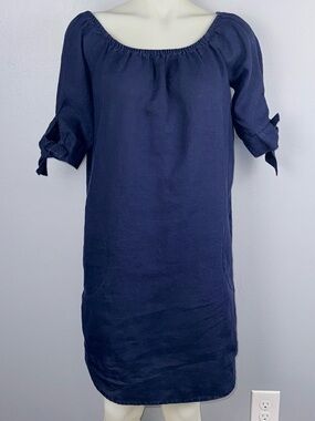 Paraphrase Dress Women’s S Navy Blue Off the Shoulder Sheath Above Knee Linen